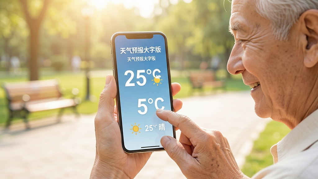 主体:一位老人手持智能手机,屏幕显示“天气预报大字版”清晰界面,背景是阳光明媚的公园。布局:手机屏幕占据画面中心,老人手指轻触屏幕,周围留白。排版:界面中天气温度数字巨大,图标简洁。风格:写实温馨,色调明亮柔和。细节:老人面带微笑,神情专注,屏幕显示“25°C 晴”。画质:高清,干净,无多余元素。