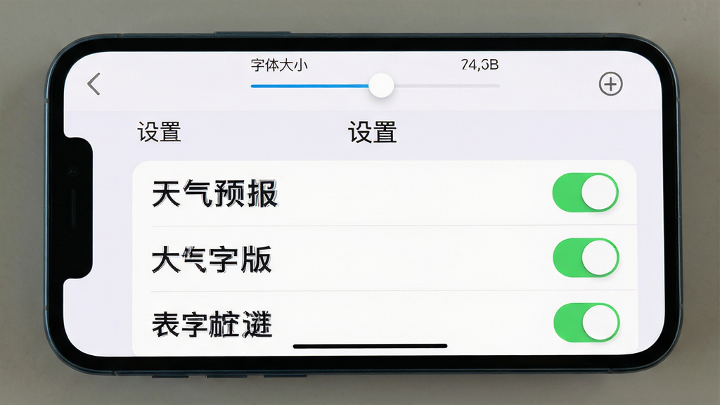 主体:手机横屏展示“天气预报大字版”的“设置”页面。布局:设置选项列表清晰,每项字体较大。排版:开关按钮醒目。风格:扁平化设计,浅色背景。细节:屏幕上方显示“字体大小”调节滑块。画质:高清,干净,无多余元素。