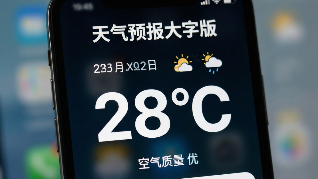 主体:手机屏幕特写,显示“天气预报大字版”界面,温度“28°C”超大字体。布局:屏幕居中,背景虚化,突出字体。排版:字体加粗,日期与天气图标排列整齐。风格:简洁现代,高对比度。细节:屏幕下方有“空气质量 优”小字,字体清晰。画质:细腻,干净,无多余元素。