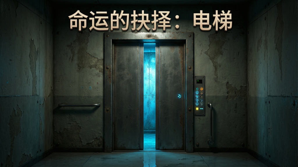 主体为游戏主界面截图,画面中央是一部老式金属电梯门半开,内部散发着幽蓝光芒。布局采用垂直构图,电梯门作为视觉焦点,两侧墙壁有斑驳痕迹。排版上,游戏标题“命运的抉择:电梯”以艺术字体位于画面上方三分之一处。风格为写实3D渲染,带有电影级光影质感。细节包括电梯按钮面板上的微光、地面反射的倒影。画质高清,画面干净无多余UI元素。