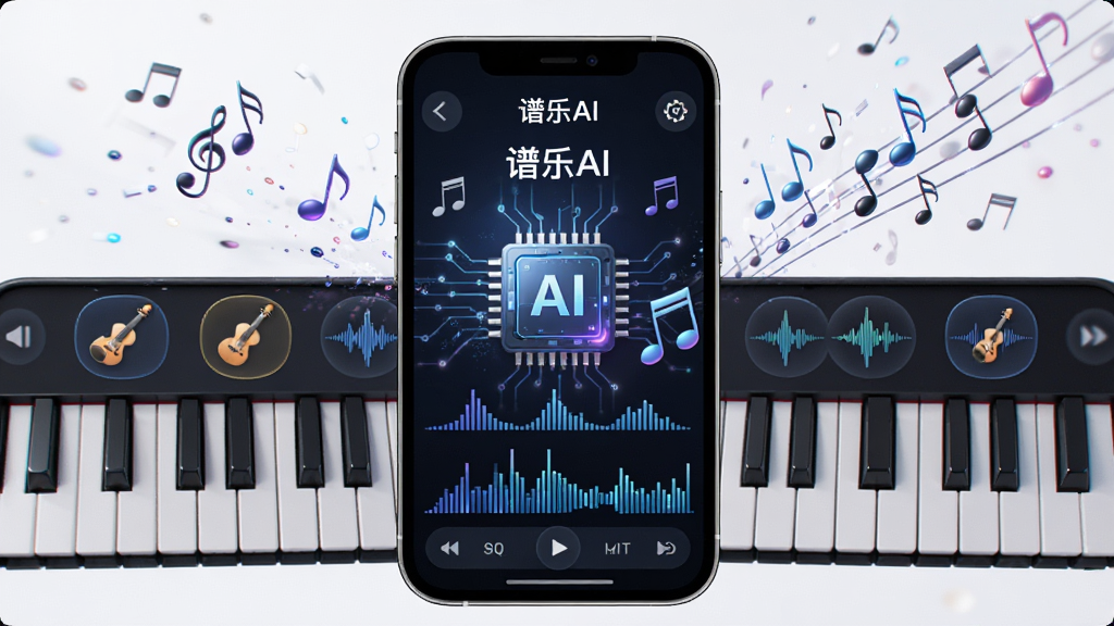 画面主体为智能手机屏幕显示“谱乐AI”作曲界面,各种乐器图标排列在虚拟钢琴键盘周围,背景是音符飞溅的动态效果,布局居中,排版清晰,风格科技感十足,细节包含AI芯片图案、频谱波纹,画质细腻,干净,无多余元素