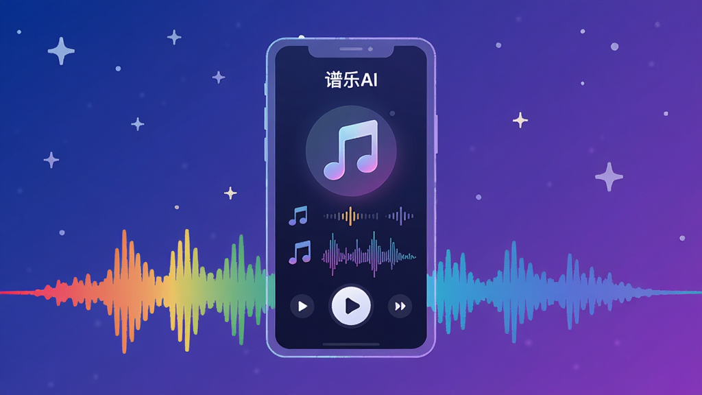 画面主体为“谱乐AI”APP界面悬浮在多彩音乐波形之上,背景是渐变蓝紫色星空,中央有一个发光的音符图标,界面轮廓清晰显示播放按钮与波形图,整体布局简洁现代,扁平化设计风格,细节包含音符、节拍器、频谱线条,画质高清,干净,无多余元素