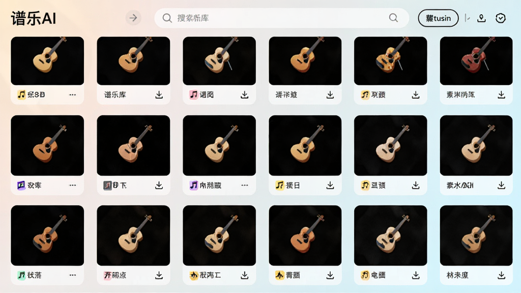 画面主体为“谱乐AI”素材库界面,网格状展示各种音乐风格卡片,每张卡片上有乐器小图标和风格标签,背景为柔和的浅色渐变,布局直观,风格清新明快,细节包括搜索栏和下载箭头,画质干净,无多余元素
