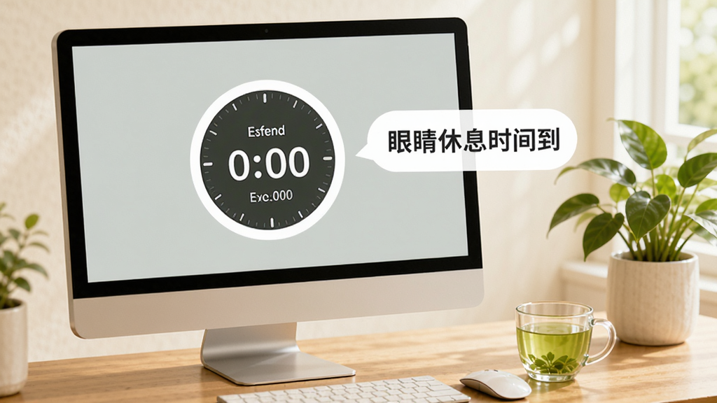 EyeDefender智能提醒功能示意图,画面中电脑屏幕上出现一个圆形的倒计时时钟,旁边有“眼睛休息时间到”的文字气泡,桌上放着一杯绿茶和绿色植物,整体风格温馨自然,画质干净,无多余元素