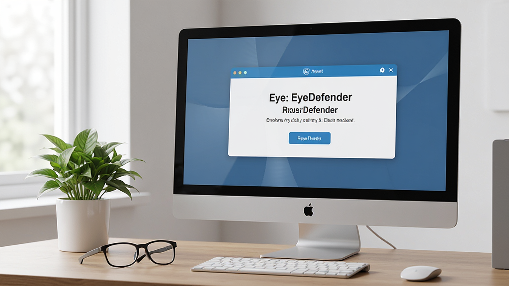 EyeDefender使用场景示意图,一个办公桌上有电脑显示器,屏幕显示EyeDefender的休息提醒界面,旁边有眼镜和绿色植物,整体风格写实,画质干净,无多余元素