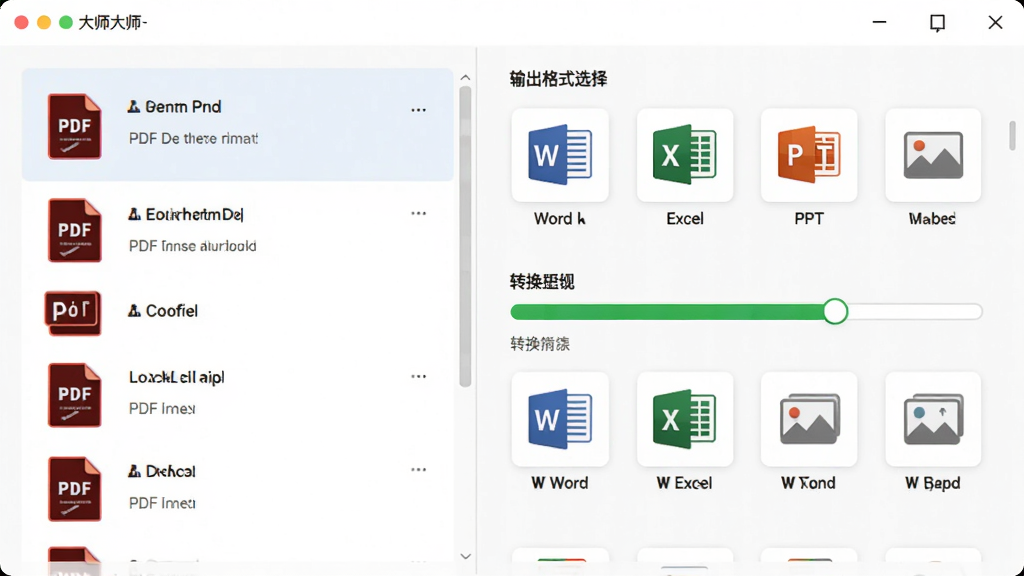 չʾPDF��ʦ��ʽת�����ܵĽ��棬���ΪPDF�ļ��б����Ҳ�Ϊ�����ʽѡ�����򣬰���Word��Excel��PPT��ͼƬ��ͼ�꣬�м���ת�������������岼��������ɫ������������ϸ�壬�޶���Ԫ��