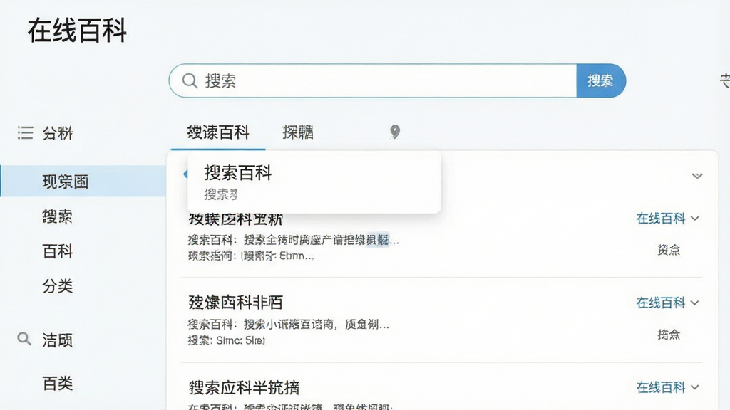 在线百科软件主界面展示,主体为简洁的搜索框与百科词条列表,布局清晰,排版规整,风格现代清新,细节包括搜索建议下拉与分类导航,画质高清,干净无多余元素,界面文字标注“在线百科”
