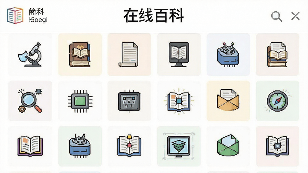 在线百科多领域词库展示,主体为分类图标网格,布局规整,排版有序,风格简约,细节包含科学、历史、技术等图标,画质高清,干净无多余元素,界面文字标注“在线百科”