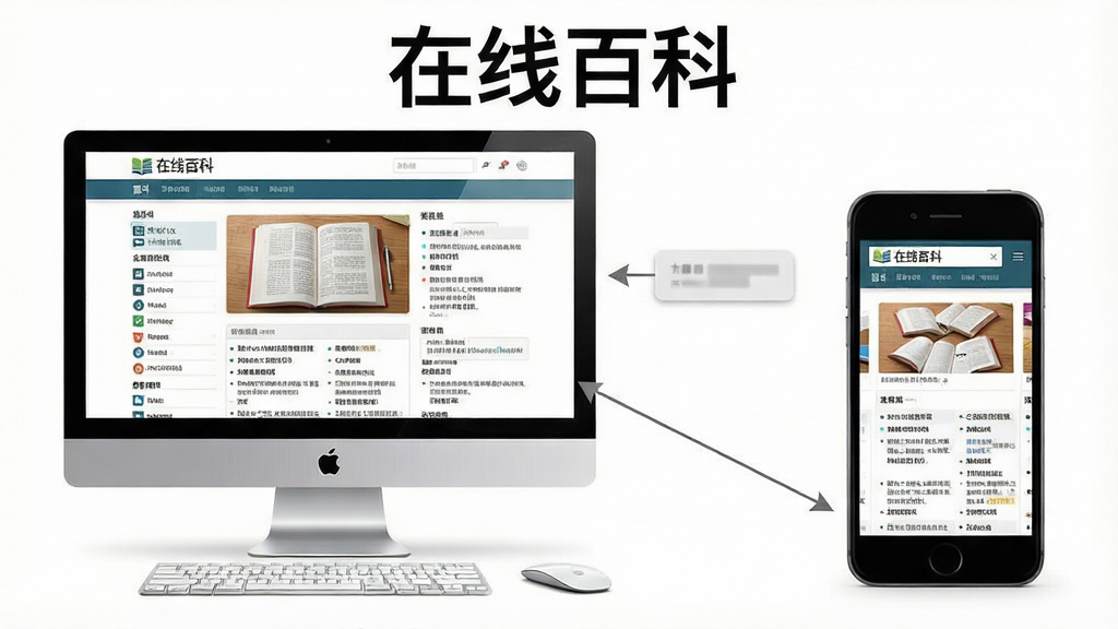 在线百科使用指南示意图,主体为电脑与手机并排展示,布局左右对称,排版清晰,风格写实,细节包括屏幕上的百科界面,画质高清,干净无多余元素,图片文字标注“在线百科”