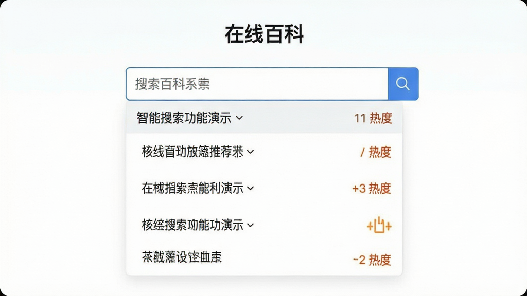在线百科智能搜索功能演示,主体为搜索框与下拉推荐列表,布局居中,排版简洁,风格清爽,细节展示推荐词条与热度标识,画质清晰,干净无多余元素,界面文字标注“在线百科”
