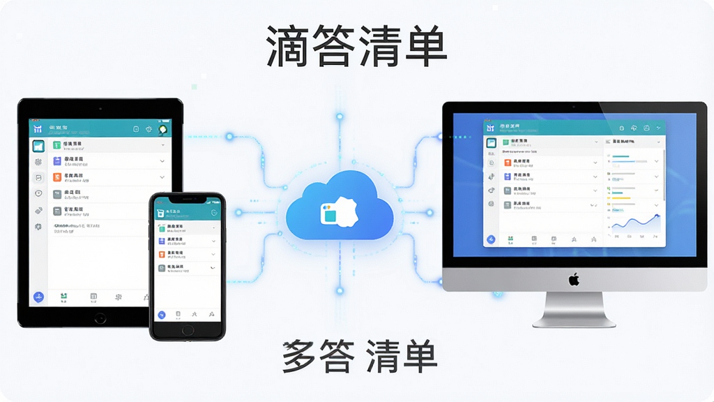 展示滴答清单多平台同步的示意图,主体为多个设备(手机、平板、电脑)围绕一个云端图标,每个设备屏幕都显示滴答清单界面,布局对称,排版整齐,风格科技感,细节丰富,画质清晰,干净无多余元素,图片中文字标注“滴答清单”