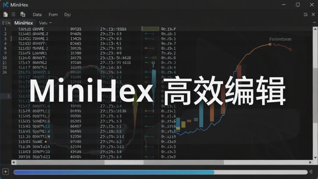 主体为MiniHex软件正在处理大型文件的界面,布局为编辑窗口展示大量数据行,底部有进度条显示处理状态,风格为现代扁平化设计,细节上突出数据加载速度和流畅性,画质清晰,无多余元素,图片中显示文字