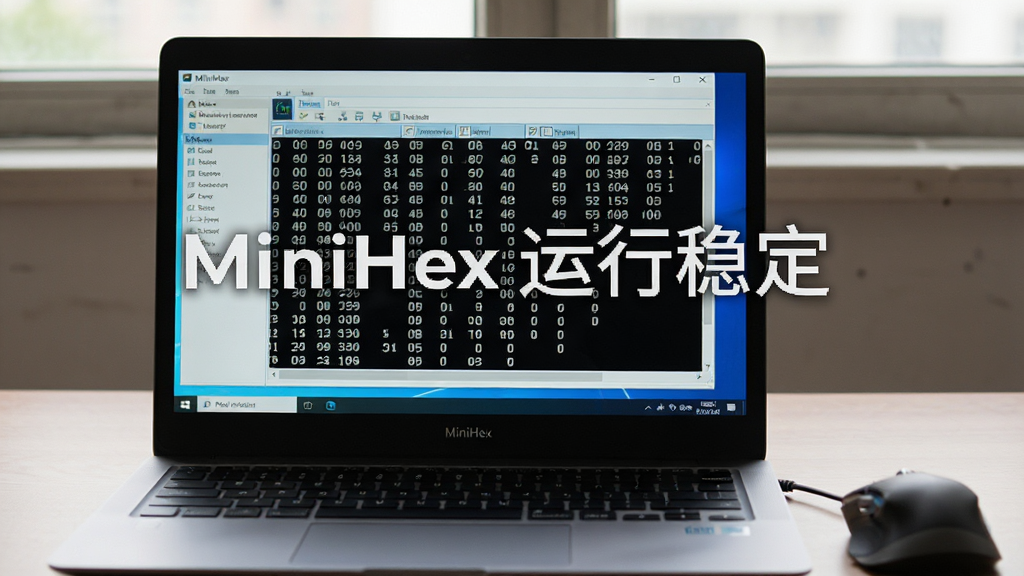 主体为MiniHex软件在Windows电脑上运行的实拍场景,布局为笔记本电脑屏幕显示MiniHex主界面,旁边放着鼠标,风格为写实摄影风格,细节展示屏幕中的十六进制数据,画质清晰,无多余元素,图片中显示文字