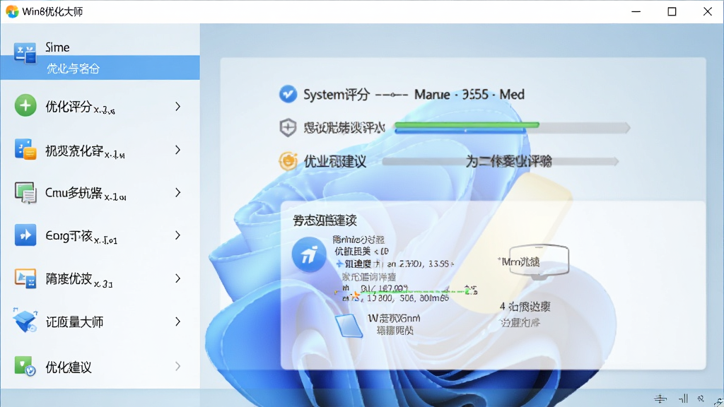 Win8优化大师主界面展示,左侧功能列表清晰,右侧显示系统评分与优化建议,整体风格简洁明亮,现代感十足,分辨率高,干净无多余元素