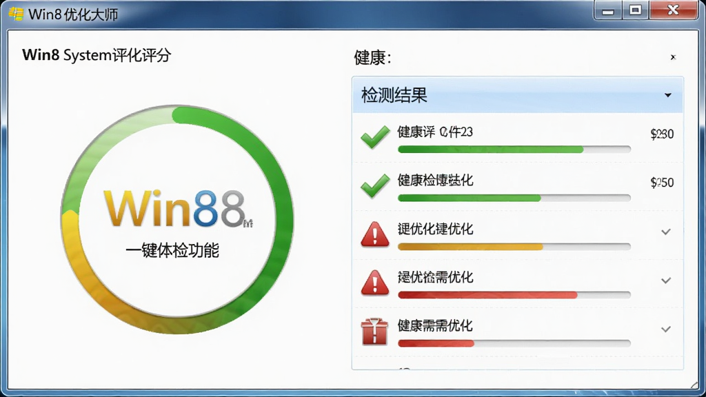 Win8优化大师一键体检功能截图,界面显示系统评分圆圈与各项检测结果列表,绿色对勾表示健康,红色警告表示需优化,风格写实,画质清晰,无多余元素