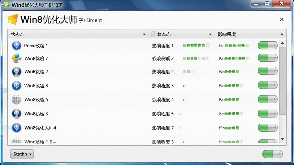 Win8优化大师开机加速管理面板,列出启动项列表,显示状态与影响程度,有开关按钮,界面直观,图标清晰,风格专业,画质高清,无多余元素