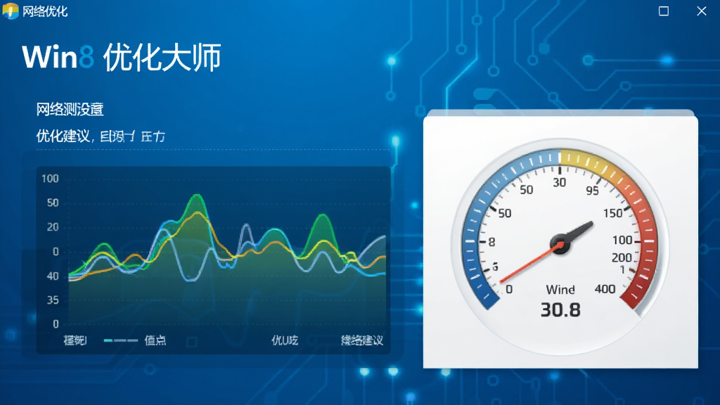 Win8优化大师网络优化界面,显示网络测速结果与优化建议,有波形图与速度表盘,背景科技蓝,风格简洁,细节丰富,干净无多余元素