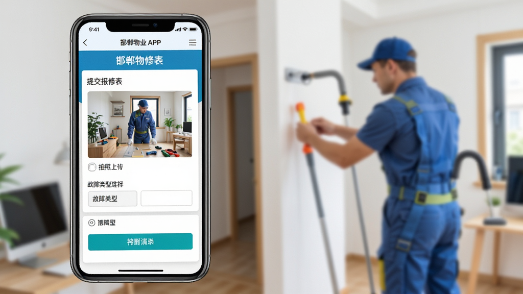 邯郸物业APP报修功能界面,手机显示提交报修表单,包含拍照上传和故障类型选择,背景为维修师傅上门维修的场景,色调明亮,风格真实,细节丰富,画质清晰,干净无多余元素