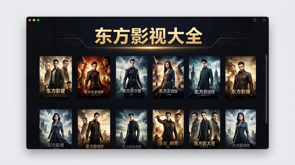 东方影视大全软件主界面预览图,展示其简洁的UI布局,主体为深色背景配合金色高亮标题“东方影视大全”,下方是整齐排列的电影海报缩略图网格,布局清晰,排版大气,整体风格现代科技感,细节丰富,画质高清,干净无多余元素