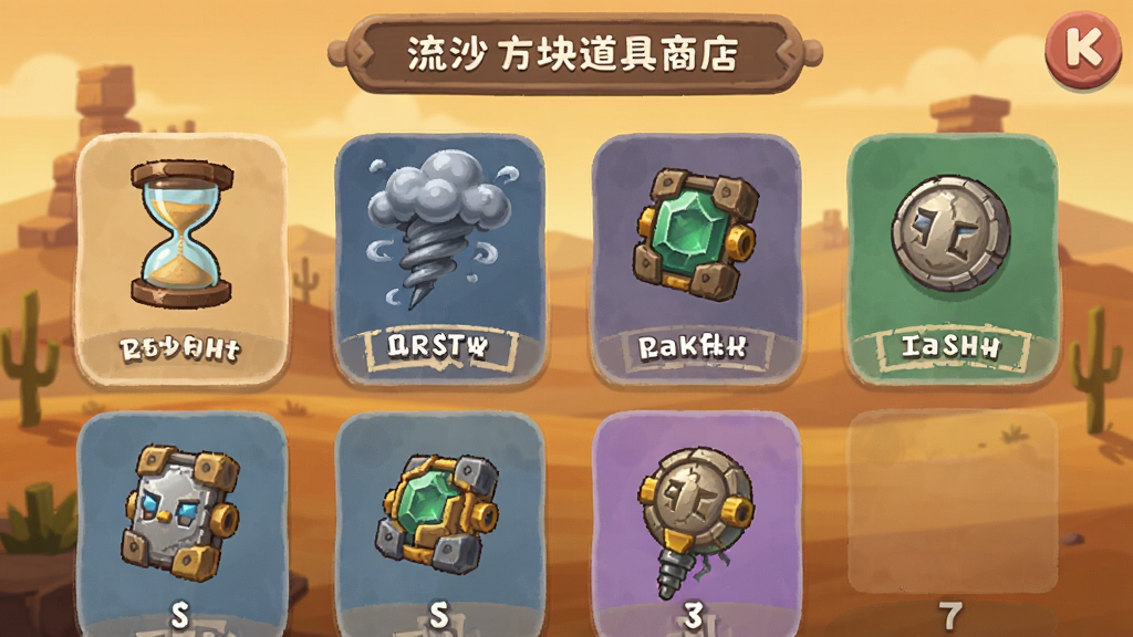 流沙方块道具商店界面,展示各种道具图标和介绍,有沙漏、风暴等,背景为沙漠风格,UI设计圆润,风格简约,布局合理,画质清晰