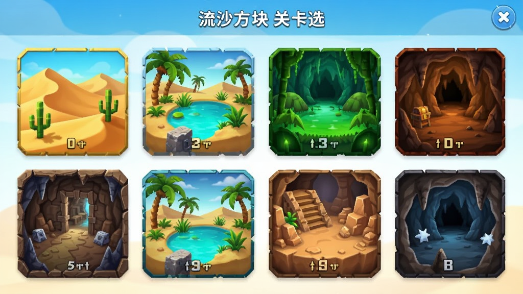 流沙方块关卡选择界面,展示多个不同主题的关卡地图,有沙漠、绿洲、洞穴等场景,排列整齐,图标精美,风格明亮,布局清晰,画质干净