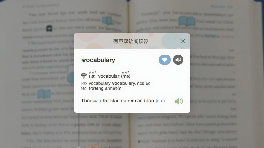 主体为“有声双语阅读器”的生词翻译弹窗,显示单词“vocabulary”的音标、释义和例句。布局为屏幕中央弹窗,背景为模糊的英文阅读页面。排版简洁。风格为扁平化设计,色彩淡雅。细节包含收藏按钮和发音图标。画质干净,无多余元素。