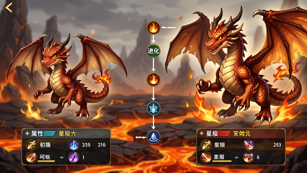 主体:游戏角色界面,展示一只火属性龙型使魔的进化前后对比,左侧为初始形态,右侧为觉醒形态,中间有进化路线图。布局:左右对称,进化路线图位于中央,背景为火焰熔岩场景。排版:角色立绘占据画面主体,下方显示属性、星级、技能等数据面板。风格:日系幻想风,色彩浓烈,光影效果突出。细节:初始形态为幼龙,觉醒形态为巨龙,鳞片纹理清晰,周围有火焰特效。画质:高精度渲染,干净,无多余元素。