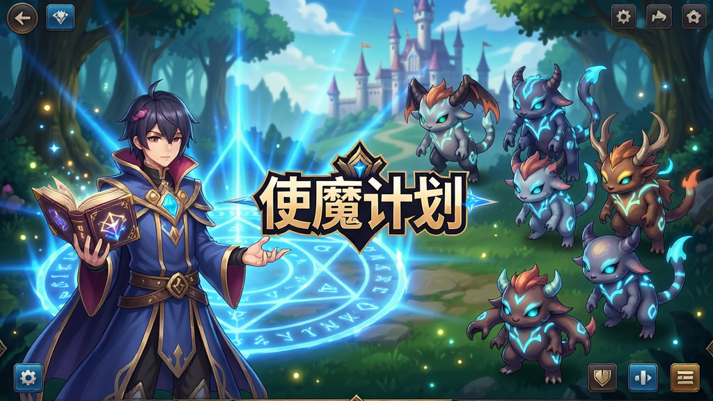 主体:游戏主界面展示,一位召唤师站在魔法阵前,周围环绕着多只形态各异的使魔,画面中央显示游戏logo“使魔计划”。布局:召唤师位于画面左侧,使魔们呈半圆形分布在右侧,魔法阵放射出蓝色光芒,背景为奇幻森林与城堡。排版:界面简洁,功能按钮清晰排列在屏幕边缘,角色与使魔占据视觉中心。风格:日系二次元动漫风格,色彩鲜艳明亮,线条流畅。细节:使魔身上有发光纹路,召唤师手持魔法书,空气中飘散着光点。画质:8k超高清,细节丰富,干净,无多余元素。