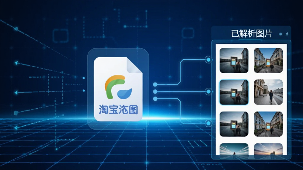 展示七彩色淘宝数据包图片搬家工具的智能解析过程,屏幕中央显示一个数据包文件图标,周围有线条连接到右侧的图片列表,列表上标注
