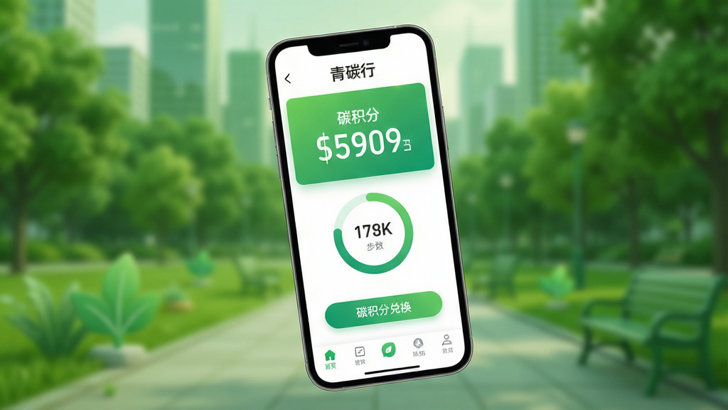 ����Ϊһ�������ֻ���Ļչʾ��̼��App�����棬���涥����ʾ����̼�С��������в�����ɫ����̼�������ֺͲ�������ͼ���ײ�Ϊ�����������ֲ��þ��й�ͼ���ֻ���΢��б������Ϊģ������ɫ���й�԰��ͻ���������⡣�Ű��࣬����Ԫ�����������Ϊ�ִ���ƽ��UI��ƣ�ϸ�ڰ�������ͳ�ơ�̼���ֶһ���ť�����ʸ����������ɾ��޶���Ԫ�ء�
