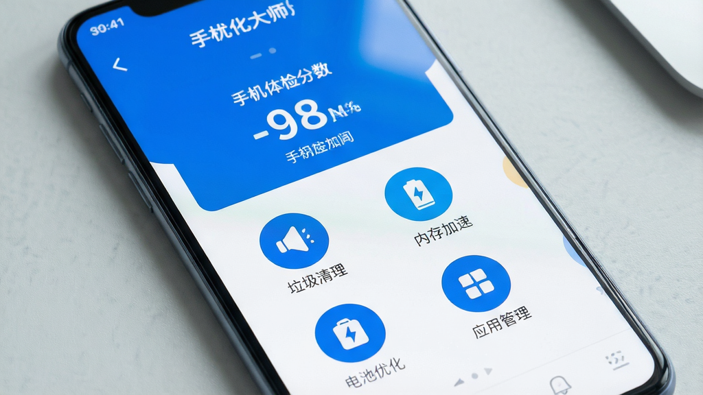 一张高清智能手机屏幕截图,屏幕中央显示“手机优化大师”App的主界面,界面风格简洁现代,上方有手机体检分数展示,下方排列着垃圾清理、内存加速、电池优化、应用管理四个圆形功能图标,整体色调以蓝色和白色为主,背景为浅灰色桌面,光线明亮,画质清晰干净,无多余元素