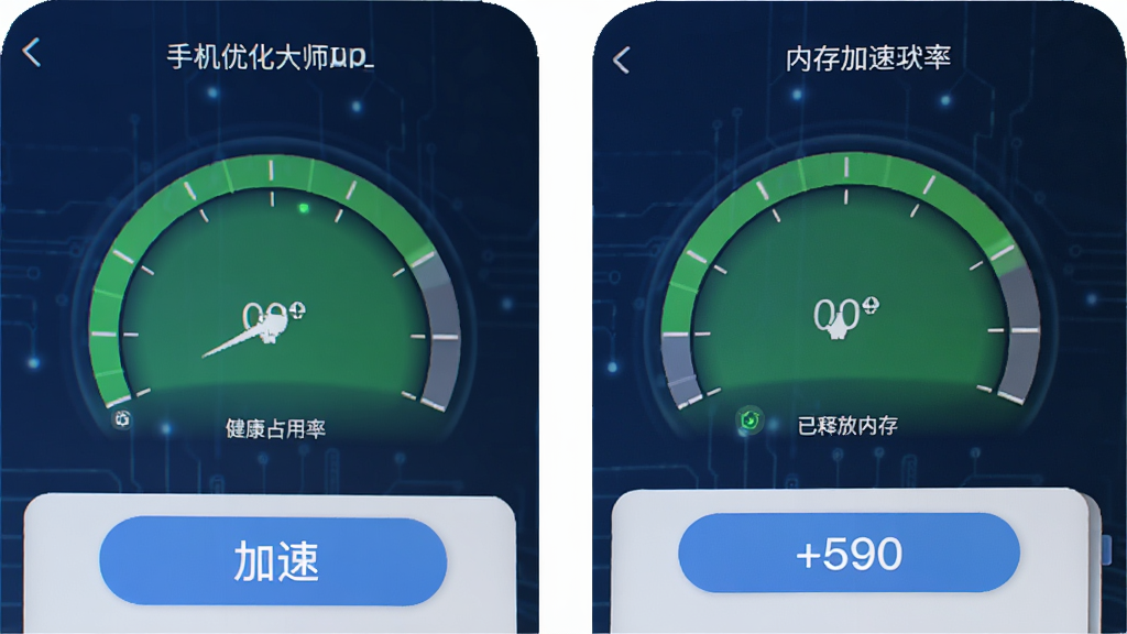 手机优化大师App的内存加速功能预览图,界面展示内存占用率仪表盘,绿色区域表示健康状态,下方有加速按钮和已释放内存的数字显示,背景为深蓝色科技感风格,界面设计简洁,画质干净,无多余元素