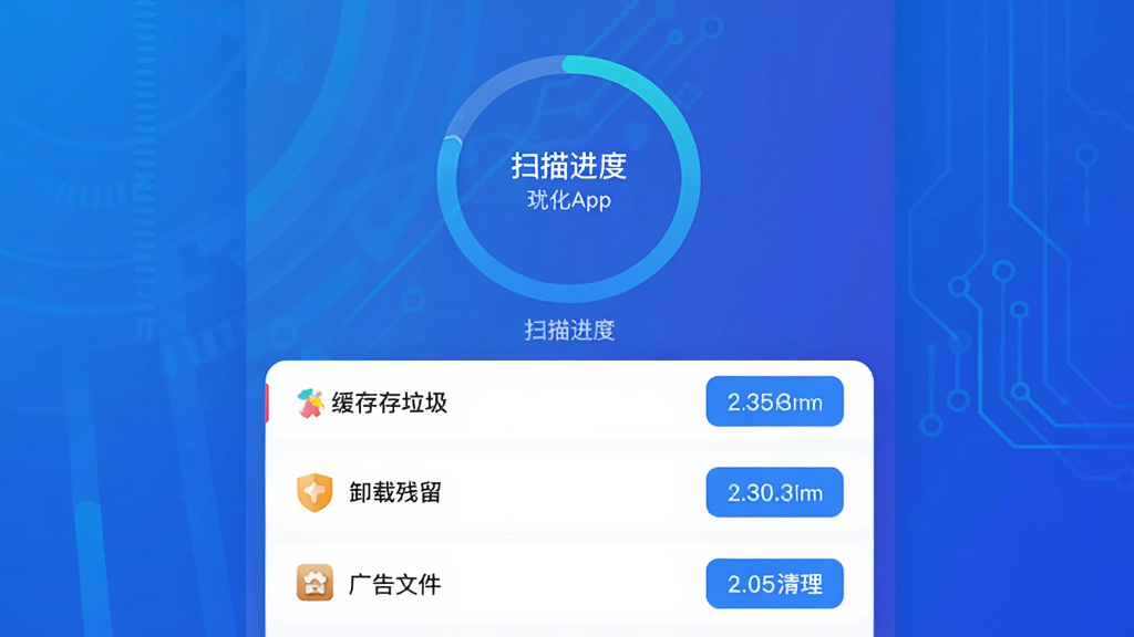 手机优化大师App的垃圾清理功能预览图,界面显示扫描进度环形动画,下方列出缓存垃圾、卸载残留、广告文件等分类,每个分类右侧有清理按钮和文件大小数字,背景为渐变蓝色科技感风格,界面UI设计精致,画质清晰,无多余元素