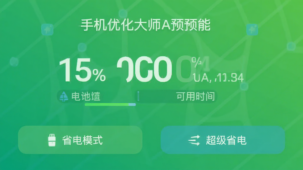 手机优化大师App的电池优化功能预览图,界面显示电池电量百分比和预计可用时间,下方有省电模式和超级省电两个按钮,背景为绿色渐变风格,界面简洁清晰,画质干净,无多余元素