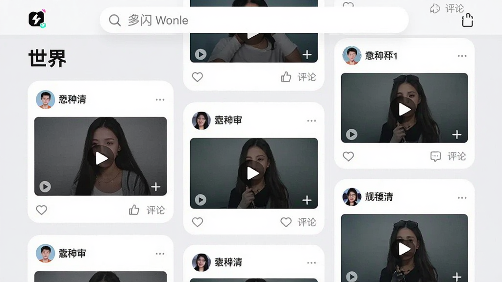 主体:多闪APP的“世界”频道页面,展示多个用户发布的短视频动态卡片,顶部有“多闪”搜索栏。布局:瀑布流布局,卡片大小不一,错落有致。排版:信息流形式,每个卡片有用户头像、昵称和视频预览。风格:现代扁平化设计,背景为浅灰色。细节:卡片上有播放按钮和点赞评论图标。画质:高清,界面干净,无多余元素。