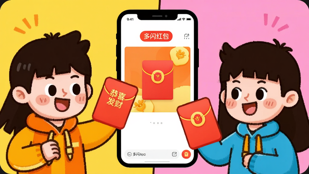 主体:两个卡通人物通过多闪APP互发视频红包,屏幕上显示红包图案和“多闪”字样。布局:画面分为左右两部分,左侧是发送方,右侧是接收方,中间是手机界面示意图。排版:生动活泼,突出互动感。风格:卡通插画风格,色彩明快。细节:红包上有“恭喜发财”字样,手机界面上有“多闪红包”标签。画质:清晰,颜色饱满,干净无多余元素。