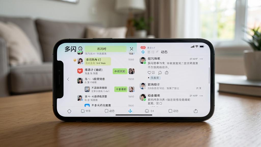 主体:多闪APP在手机上的运行界面,展示聊天列表和动态,背景为客厅场景。布局:手机横放于桌面,屏幕内容清晰可见。排版:屏幕正面朝向镜头,突出界面布局。风格:实拍风格,自然光。细节:屏幕上有“多闪”logo和消息列表。画质:高清,细节丰富,干净无多余元素。