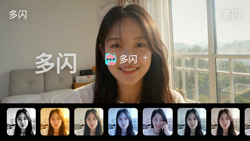 主体:多闪APP的拍摄界面,展示多种滤镜特效的缩略图,屏幕上有“多闪”水印。布局:主画面为拍摄预览,下方横排展示滤镜选项。排版:简洁直观,滤镜图标排列整齐。风格:真实场景拍摄,光线明亮。细节:滤镜效果清晰可见,包括黑白、暖阳、冷色调等。画质:高清,色彩还原准确,干净无多余元素。