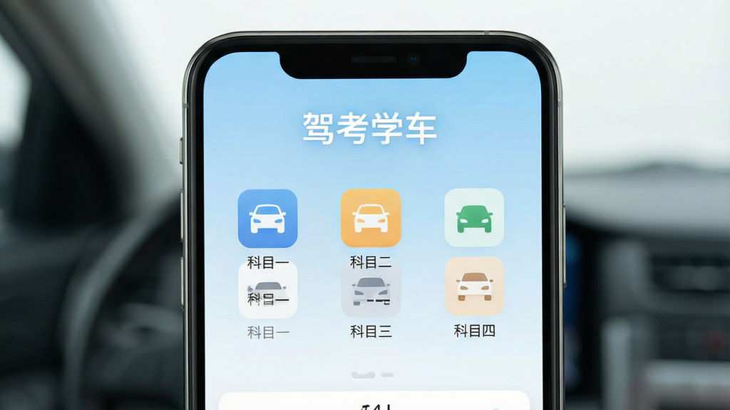 一张清晰明亮的智能手机屏幕展示驾考学车APP主界面,界面顶部有“驾考学车”字样,下方排列科目一、科目二、科目三、科目四图标,背景为淡蓝色渐变,整体风格简洁现代,画质干净,无多余元素