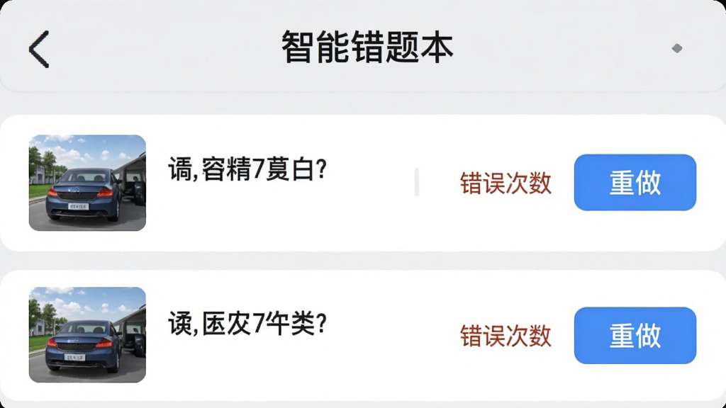 驾考学车APP的错题本界面,以列表形式展示错题,每条错题左侧有题目缩略图,右侧有错误次数和“重做”按钮,顶部有“智能错题本”标题,背景为浅灰色,界面简洁清晰,画质干净,无多余元素