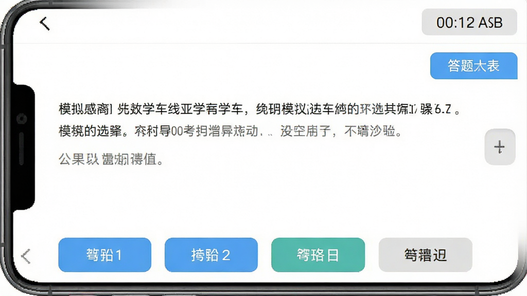 驾考学车APP的模拟考试界面截图,屏幕中央显示一道选择题,下方有四个选项按钮,右上角有倒计时和答题卡,背景为白色,界面风格清爽,文字清晰,整体画质干净,无多余元素