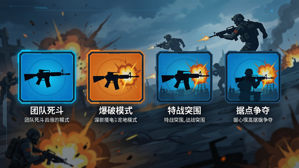 主体:游戏模式选择界面,屏幕上并排显示四种模式图标:团队死斗、爆破模式、特战突围、据点争夺。布局:图标横向排列,每个图标下方有模式名称与简短描述,背景为动态战场画面。排版:界面扁平化设计,色彩鲜明,当前选中模式有高亮边框。风格:现代科技感,蓝色与橙色为主色调。细节:图标上有武器剪影与爆炸特效,背景有士兵奔跑的动画。画质:1080P,清晰简洁,无多余元素。