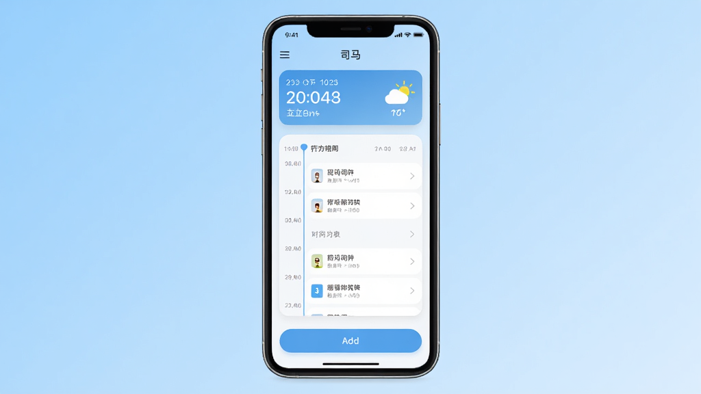 司马软件主界面展示,一款名为“司马”的日程管理应用,手机屏幕居中显示,背景为干净的浅蓝色渐变,界面采用卡片式布局,上方显示日期与天气,中部为时间轴待办列表,底部有添加按钮,整体风格简洁现代,扁平化设计,高画质,干净,无多余元素