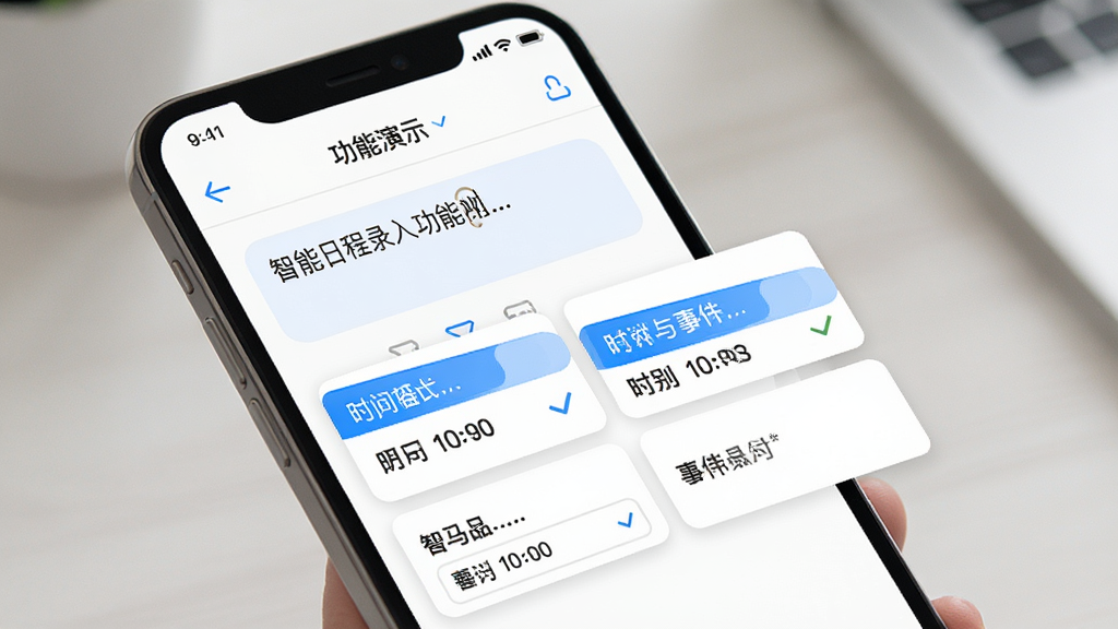 司马软件智能日程录入功能演示,手机屏幕展示输入框,用户正在输入文字,下方自动弹出识别出的时间与事件卡片,界面以白色为主,配有蓝色高亮提示,扁平化设计,高画质,干净,无多余元素