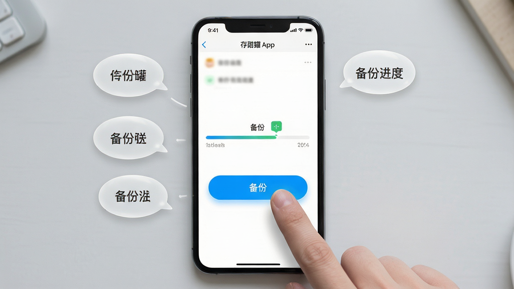 主体:存甜罐App在手机上的操作演示,手指点击“备份”按钮,屏幕显示备份进度条。布局:手机居中,背景为浅灰色桌面。排版:手机屏幕放大展示,操作步骤以气泡标注。风格:写实结合UI界面,明亮自然。细节:进度条清晰,按钮高亮。画质:高清,干净,无多余元素。