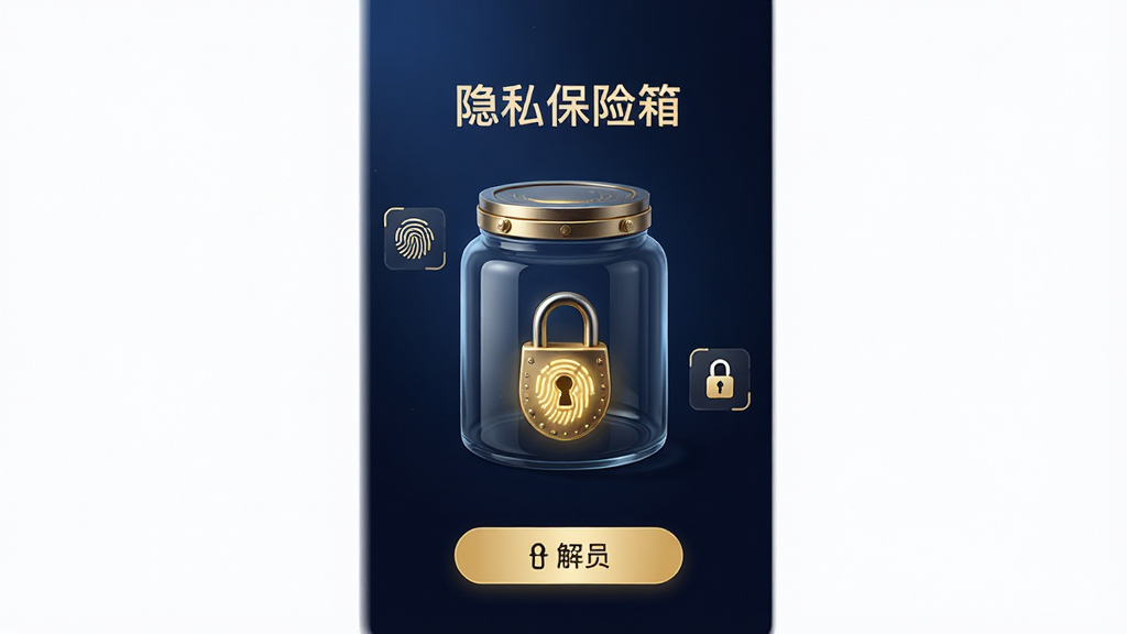 主体:存甜罐App的隐私保险箱界面,一个带锁的玻璃罐子,周围有指纹和密码图标。布局:居中构图,保险箱位于中央,背景为深蓝色渐变。排版:简洁,上方显示“隐私保险箱”字样,下方为解锁按钮。风格:科技感与安全感结合,深色主题,金色点缀。细节:锁具细节丰富,指纹图标发光。画质:高清,干净,无多余元素。