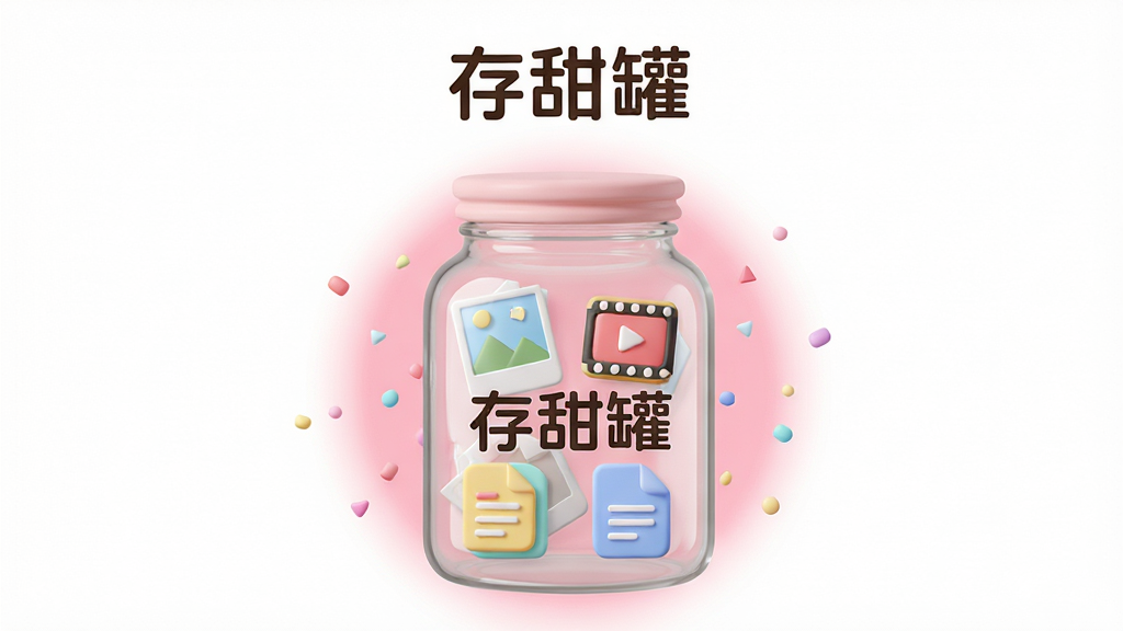 主体:存甜罐App界面展示,一个透明玻璃罐子中存放着照片、视频、文档等图标,罐身带有“存甜罐”字样。布局:居中构图,罐子位于画面中央,四周有柔和的粉色光晕和飘散的小颗粒。排版:简洁留白,上方留出空间放置App名称。风格:扁平化结合轻微3D质感,糖果色系,温馨治愈。细节:罐子表面有反光效果,内部文件图标清晰可辨。画质:高清渲染,干净,无多余元素。