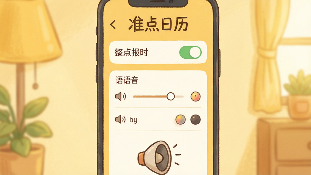 主体:准点日历语音播报功能界面,手机屏幕显示时间设置页面,有“整点报时”开关和语音选择列表。布局:手机屏幕居中,背景为暖黄色调,营造温馨氛围。排版:屏幕上方有“准点日历”字样,下方是时间设置项和语音列表。风格:清新手绘风格,插画感强。细节:语音列表旁有音量滑块和音色图标,屏幕下方有一个卡通扬声器图案。画质:高分辨率,细节柔和,干净无多余元素。
