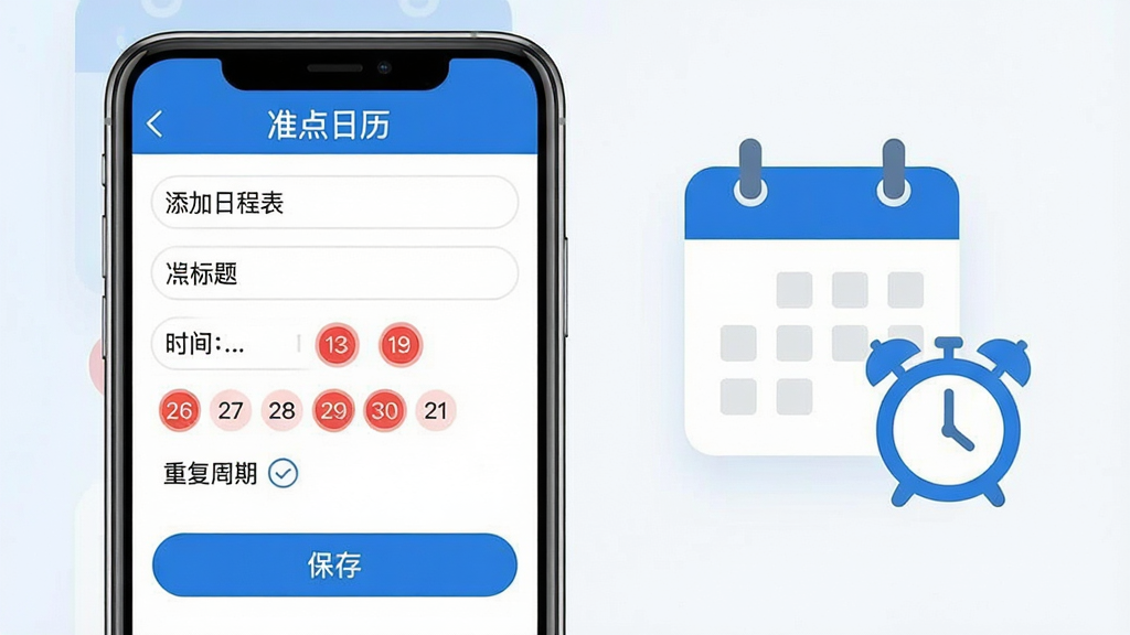 主体:准点日历日程提醒设置界面,手机屏幕显示添加日程表单,包含标题、时间、重复周期选项。布局:手机屏幕位于画面左侧,右侧有日历和闹钟的图标装饰。排版:表单字段清晰,有“准点日历”字样出现在屏幕顶部。风格:商务简约风格,以白色和蓝色为主色调。细节:屏幕中有红色标记的日期圆圈,代表提醒日,表单下方有明显的“保存”按钮。画质:清晰锐利,干净无多余元素。