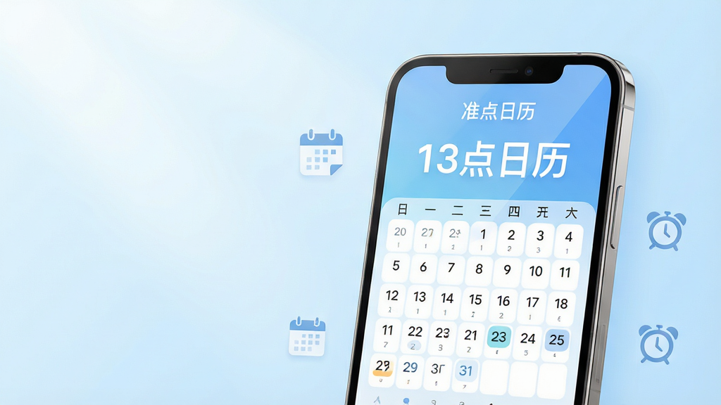 主体:准点日历应用界面展示,手机屏幕清晰显示日历主界面,背景为淡雅的浅蓝色渐变,界面中有醒目的日期数字和“准点日历”字样。布局:手机位于画面中央偏右,左侧留白,上方有柔和的光线效果。排版:手机屏幕内日历网格排列整齐,顶部有“准点日历”中文标题。风格:现代简约风格,扁平化设计,色彩清新明快。细节:手机边缘有细腻的金属质感,屏幕反射微弱光泽,周围有简约的日历图标和闹钟图标点缀。画质:8K超高清,细节丰富,干净无多余元素。